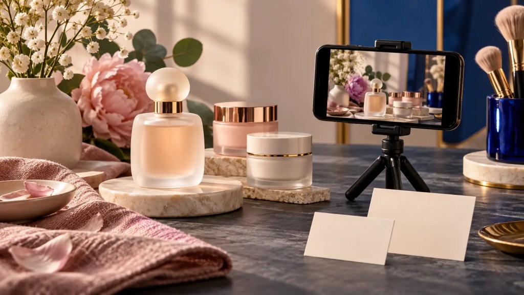 Escena conceptual de perfume y cosméticos sin marca junto a un móvil en trípode que muestra una demostración de producto.