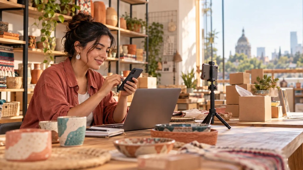 Emprendedora mexicana prepara contenido de comercio digital con un móvil y un portátil en su tienda