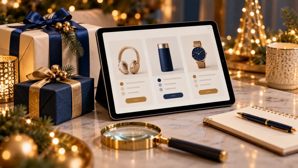 Ilustración conceptual de regalos y una tableta con tarjetas de comparación de productos.